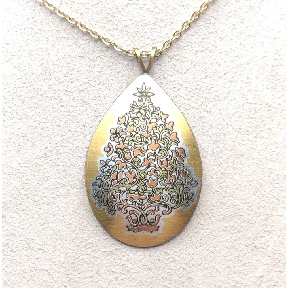 Reed & Barton 24k Gold Plate Silver Damascene Christmas Tree Pendant Necklace